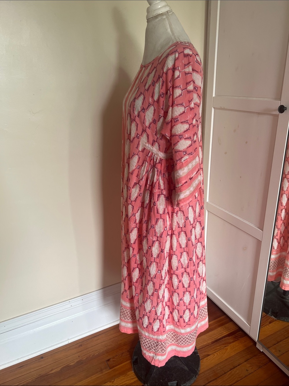 Kerry Cassill Pink Block Print Cotton Midi Dress Kaftan Pockets Size M/L Boho - Picture 6 of 10